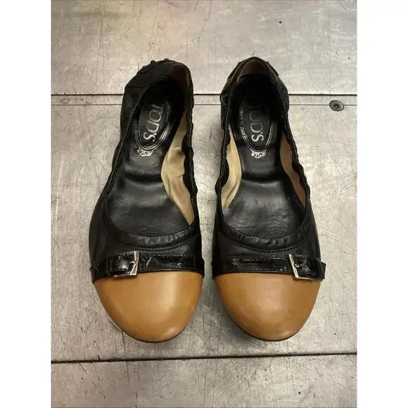 Tods Black & Tan Two Tone Patent Leather Ballet Flats Slip On Size 38.5 Womens - Picture 3 of 9